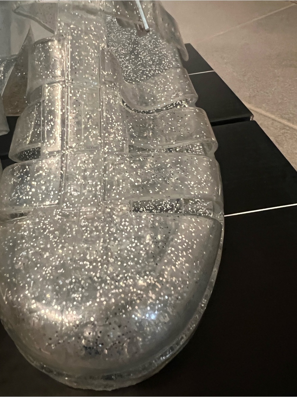 Clear Silver Glitter Jelly Heeled Sandals - Y2K Platform Chunky Sparkle Sandals - Picture 13 of 16